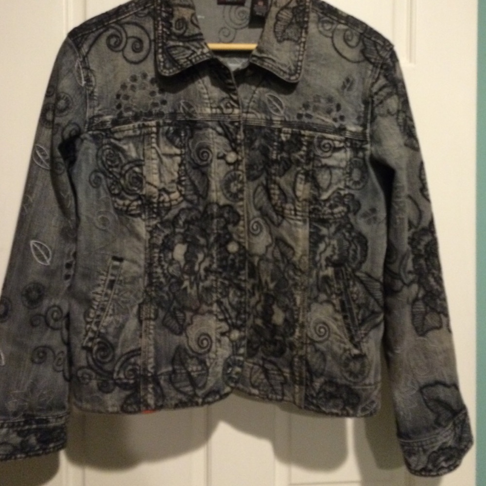 Chico's embroidered grey denim jeans jacket